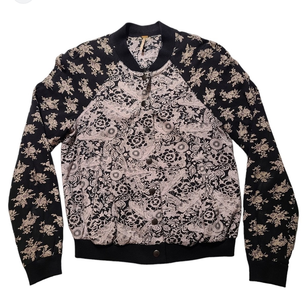 Free People Black Floral Snap Bomber Jacket - Size Small